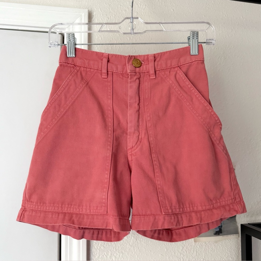 BIG BUD PRESS salmon peach pink cotton denim work high rise elastic waist shorts